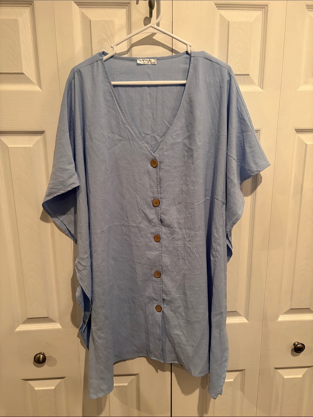 Relaxed Light Blue V-Neck Button-Front Beach Cover Up